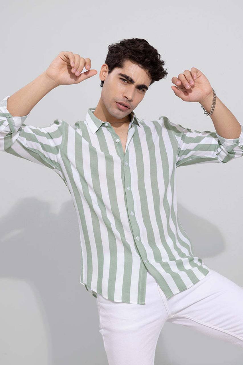 Urban Vibe Men's Light Green Striped Classic Shirt