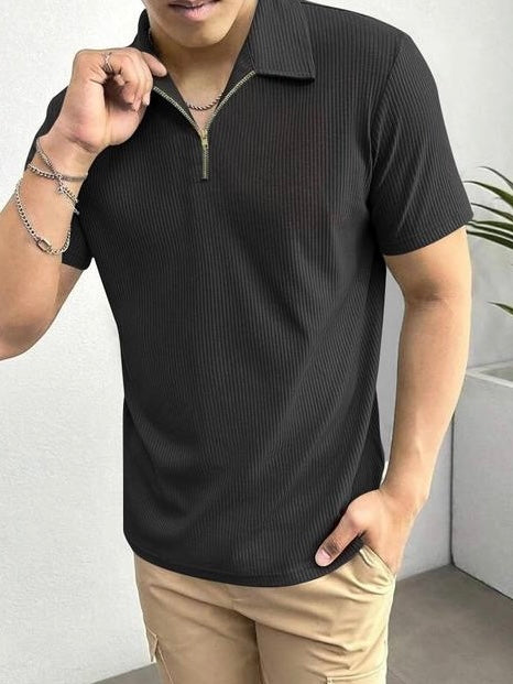 Midnight Mode Black Half-Sleeve Tee with Zip Collar – Bold. Minimal. Iconic.