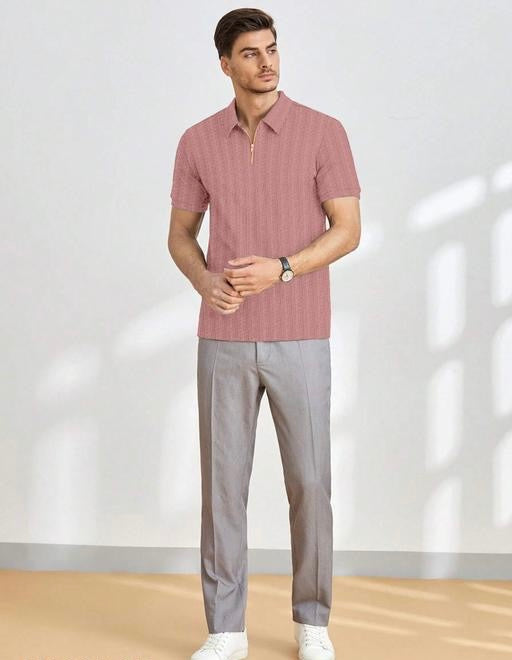 Light Pink Half-Sleeve Tee with Zip Collar – Soft, Trendy, and Versatile