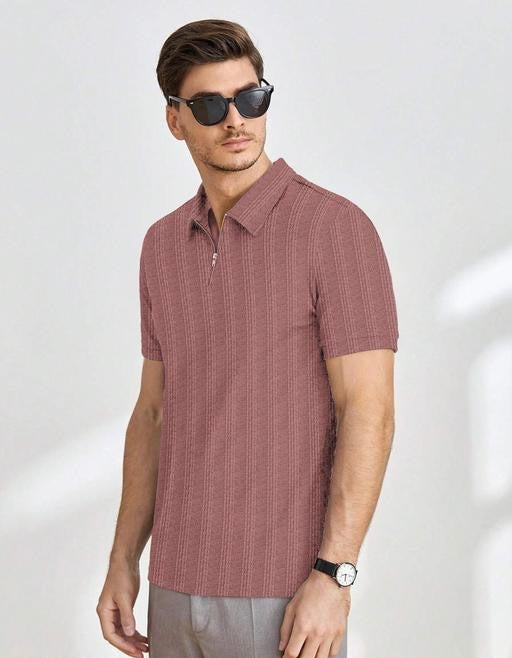 Light Pink Half-Sleeve Tee with Zip Collar – Soft, Trendy, and Versatile