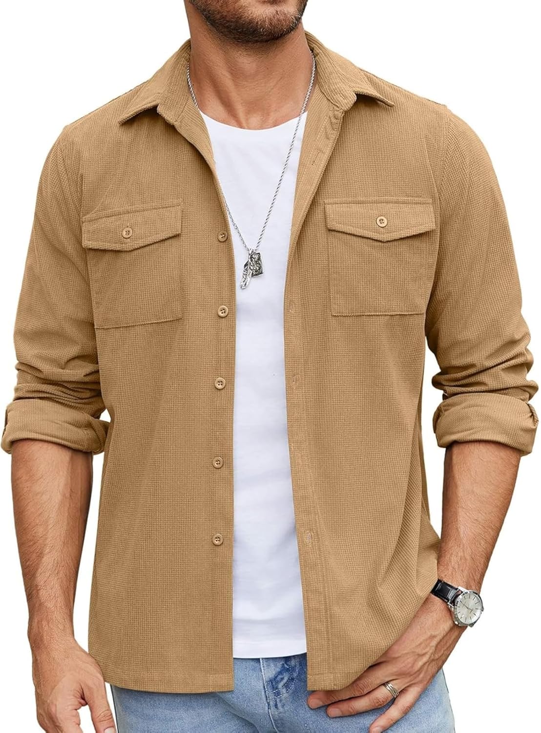 Men’s Classic Double Pocket Shirt – Full Sleeve | Regular Fit | Casual Look Brown Color