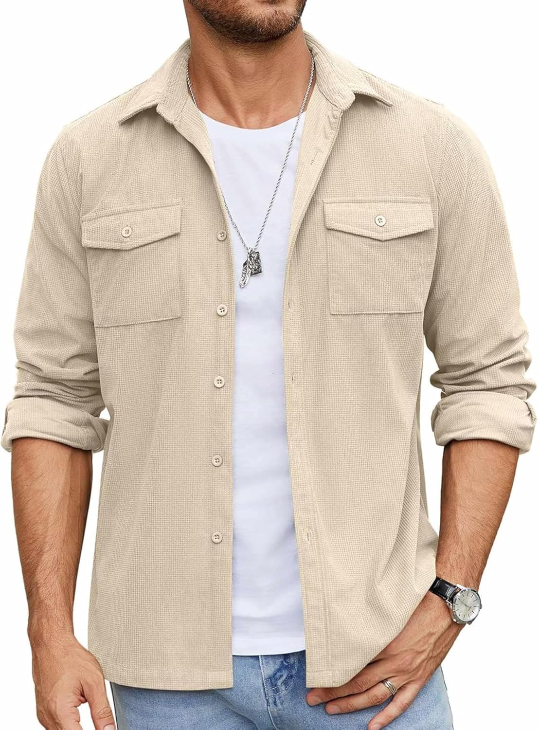 Men’s Full Sleeve Double Pocket Shirt – Effortless Style & Comfort Cream Color