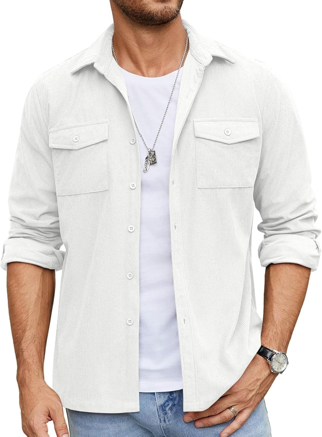 Men’s Full Sleeve Double Pocket Shirt – Effortless Style & Comfort White Color