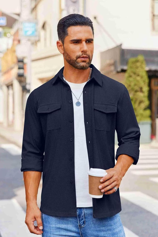 Men’s Full Sleeve Double Pocket Shirt – Effortless Style & Comfort Navy Blue Color