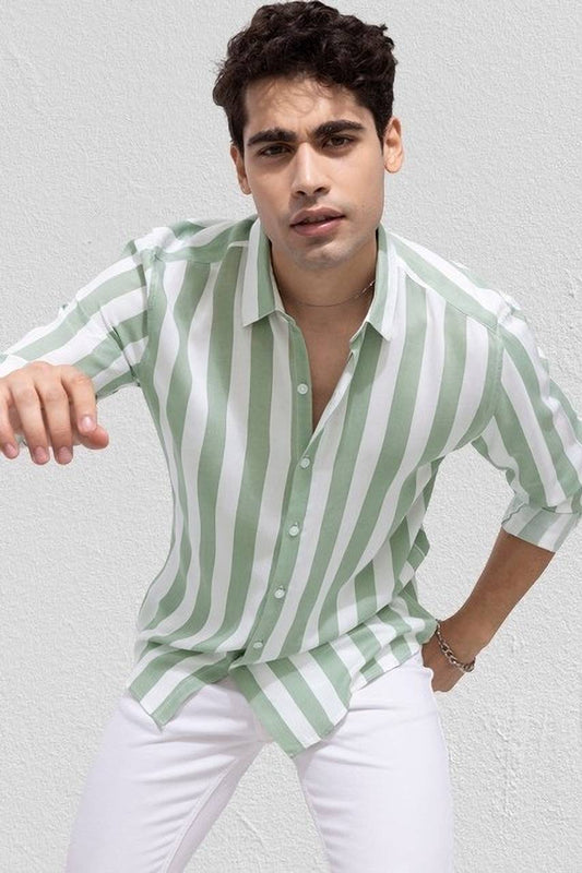 Urban Vibe Men's Light Green Striped Classic Shirt