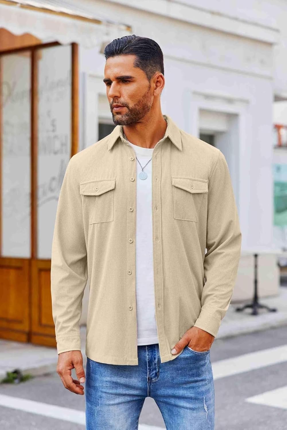 Men’s Full Sleeve Double Pocket Shirt – Effortless Style & Comfort Cream Color