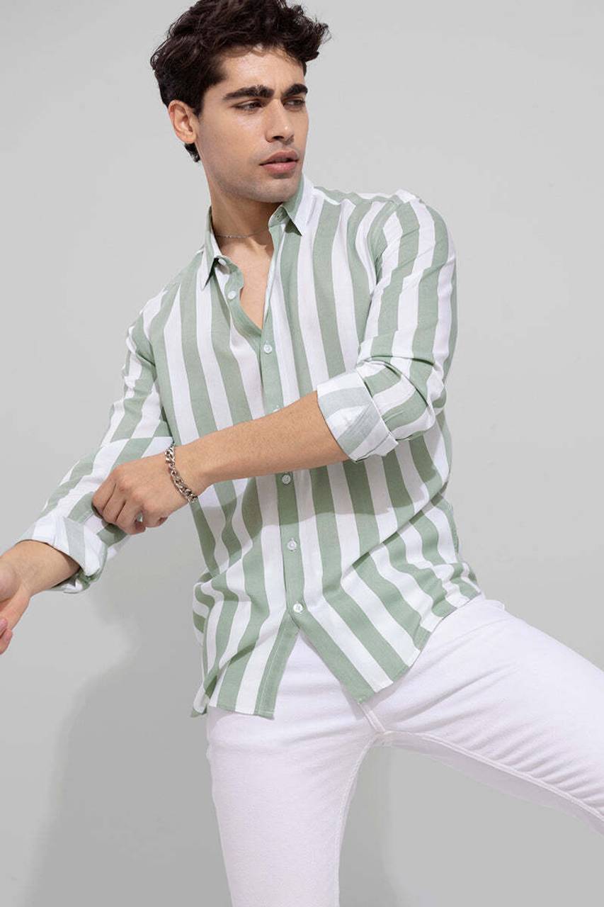 Urban Vibe Men's Light Green Striped Classic Shirt
