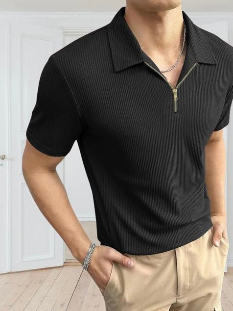 Midnight Mode Black Half-Sleeve Tee with Zip Collar – Bold. Minimal. Iconic.