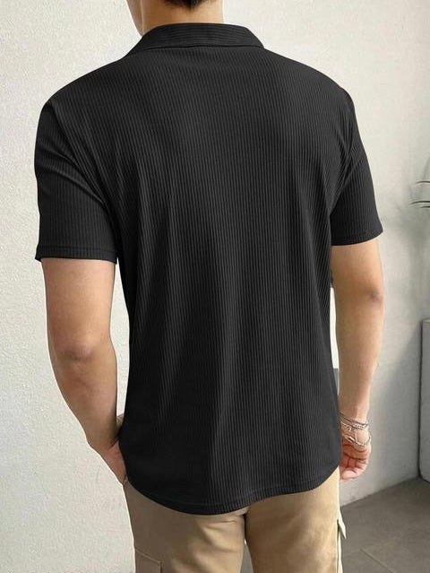 Midnight Mode Black Half-Sleeve Tee with Zip Collar – Bold. Minimal. Iconic.