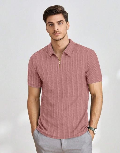 Light Pink Half-Sleeve Tee with Zip Collar – Soft, Trendy, and Versatile