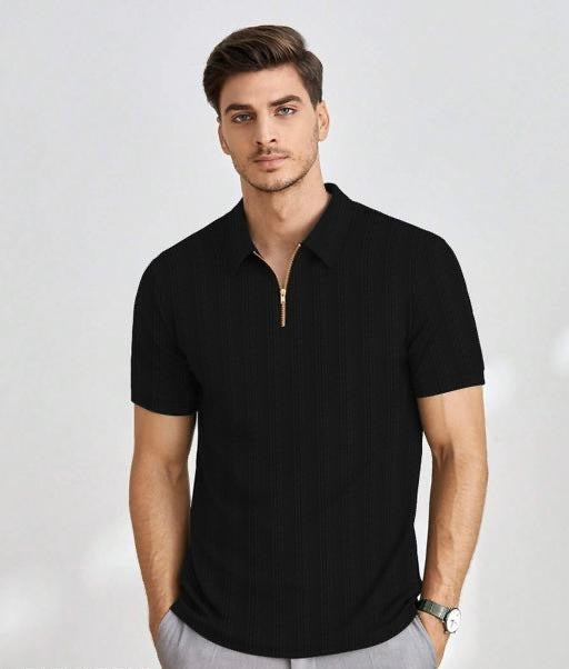Black Half-Sleeve Tee with Zip Collar – Sleek, Stylish, and Comfortable