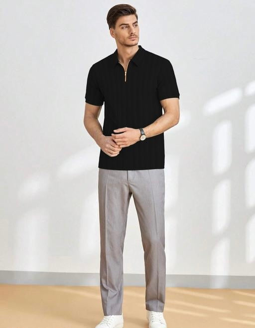 Black Half-Sleeve Tee with Zip Collar – Sleek, Stylish, and Comfortable