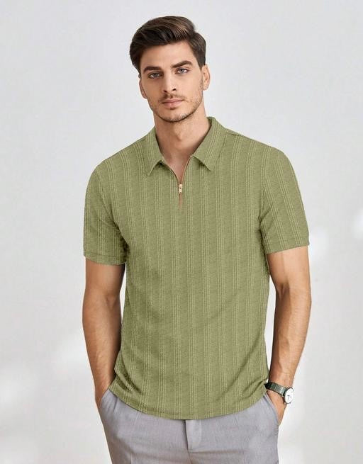 Olive Green Half-Sleeve Tee with Zip Collar – Bold, Casual, and Comfortable