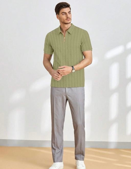 Olive Green Half-Sleeve Tee with Zip Collar – Bold, Casual, and Comfortable