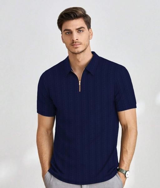 Blue Half-Sleeve Tee with Zip Collar – Fresh, Modern, and Comfortable