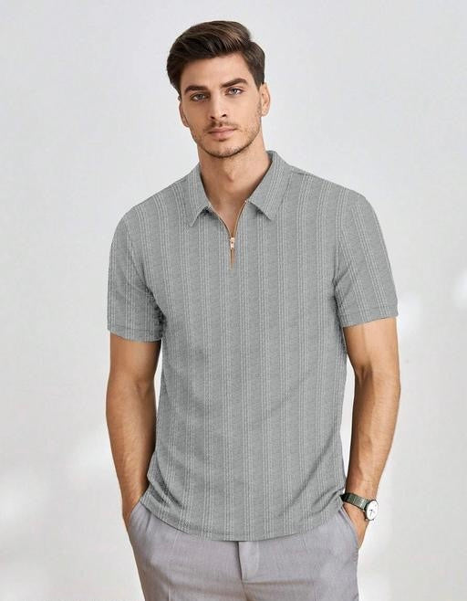 Grey Half-Sleeve Tee with Zip Collar – Sleek, Modern, and Comfortable