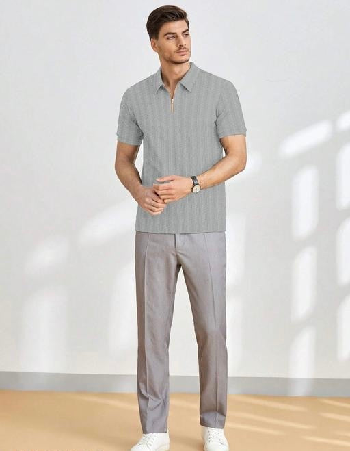 Grey Half-Sleeve Tee with Zip Collar – Sleek, Modern, and Comfortable