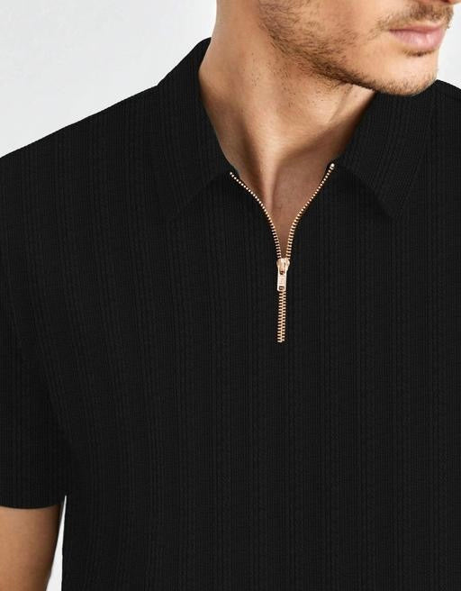 Black Half-Sleeve Tee with Zip Collar – Sleek, Stylish, and Comfortable