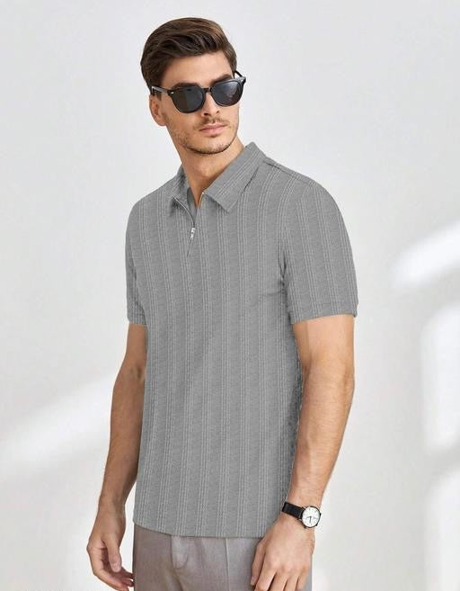 Grey Half-Sleeve Tee with Zip Collar – Sleek, Modern, and Comfortable